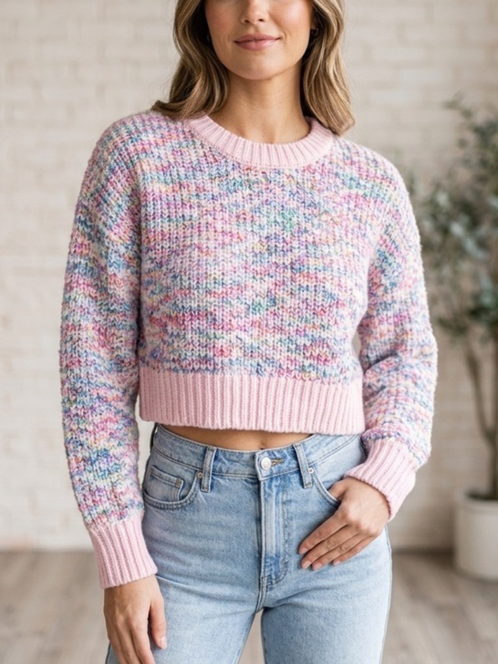 Jessica Simpson XS Cropped Sweater Chunky Knit Pastel Pink Multicolor Rainbow